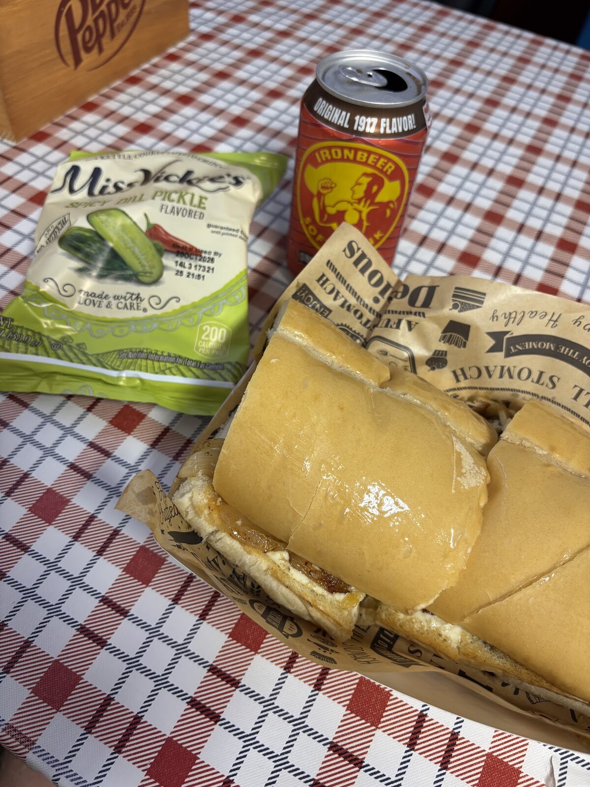 Cuban sandwich lunch combo with chips and an Ironbeer soda